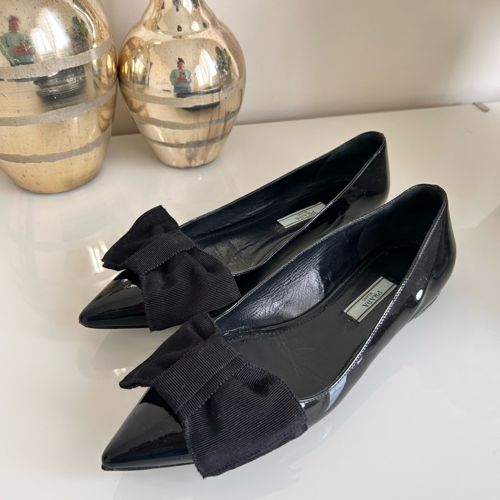 Prada Black Flats Modern Pointed-Toe and Bow Design